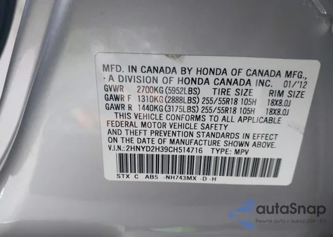 2012 Acura Mdx Technology Package z USA, uszkodzony, nr VIN 2HNYD2H39CH514716